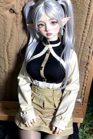 EpicDoll, doll, frieren, huge breasts,nipples, long hair, twintails, green eyes, grey hair, pointy ears, elf, shirt, long sleeves, jewelry, pantyhose, earrings, striped, black pantyhose, capelet, striped shirt, outdoors, in Forest,doll,realistic,frieren