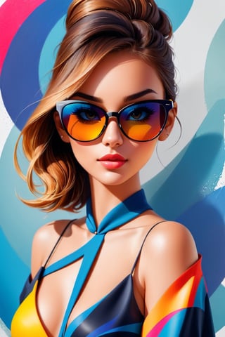 back photo with abstract illustrations for portfolio, front a beautiful girl with sunglasses 