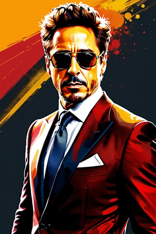 Please generate, abstract handsome Robert Downey Jr with smart suit and sunglasses , looking into the camera, approaching perfection, dynamic,red black yellow and orange colors, highly detailed, digital painting, artstation, concept art, sharp focus, illustration, art by Carne Griffiths and Vadim Kashin