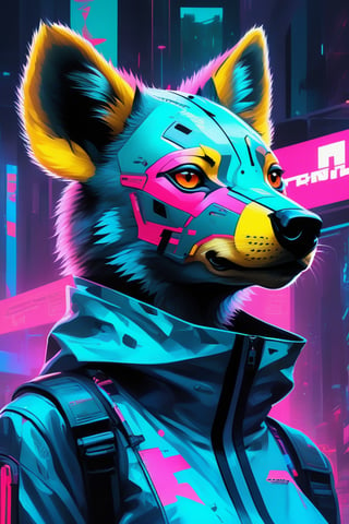(masterpiece,best quality, ultra realistic,32k,RAW photo,detailed skin, 8k uhd, high quality:1.2), abstract expressionist painting digital artwork of anthromorphic hyena female, fursona, furry fandom, neon rainy cyberpunk setting, anthro, wearing cyberpunk 2 0 7 7 jacket, detailed face, . energetic brushwork, bold colors, abstract forms, expressive, emotional