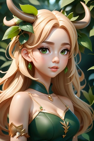 blond haired girl with horns and green leaves on her head, detailed digital anime art, loish and wlop, cute detailed digital art, adorable digital painting, digital anime art, elf girl, digital anime illustration, fanart best artstation, inspired by WLOP, artwork in the style of guweiz, hyperdetailed fantasy character, anime styled 3d