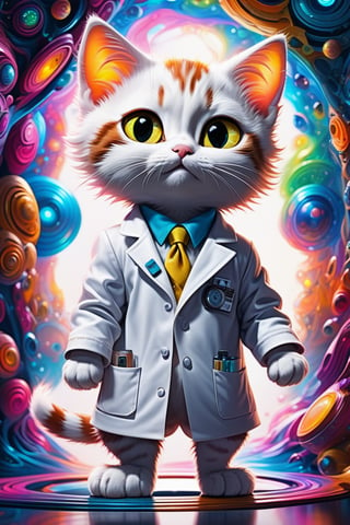 (masterpiece,best quality, ultra realistic,32k,RAW photo,detailed skin, 8k uhd, high quality:1.2), psychedelic style Cute colourful art of a surprised kitten in a lab coat peeking through the interdimensional portal. Detailed profile picture. Award-winning digital art, trending on artstation . vibrant colors, swirling patterns, abstract forms, surreal, trippy