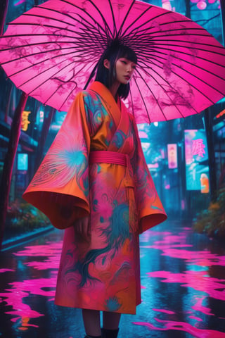 (masterpiece,best quality, ultra realistic,32k,RAW photo,detailed skin, 8k uhd, high quality:1.2), psychedelic style photo of kitsune, very detailed, neon, pink, japan, forest, rain, umbrella, ultra, fashion . vibrant colors, swirling patterns, abstract forms, surreal, trippy