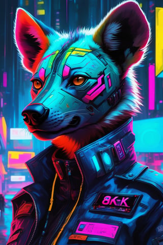 (masterpiece,best quality, ultra realistic,32k,RAW photo,detailed skin, 8k uhd, high quality:1.2), abstract expressionist painting digital artwork of anthromorphic hyena female, fursona, furry fandom, neon rainy cyberpunk setting, anthro, wearing cyberpunk 2 0 7 7 jacket, detailed face, . energetic brushwork, bold colors, abstract forms, expressive, emotional