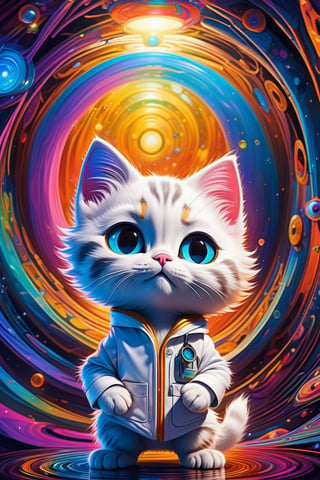 (masterpiece,best quality, ultra realistic,32k,RAW photo,detailed skin, 8k uhd, high quality:1.2), psychedelic style Cute colourful art of a surprised kitten in a lab coat peeking through the interdimensional portal. Detailed profile picture. Award-winning digital art, trending on artstation . vibrant colors, swirling patterns, abstract forms, surreal, trippy