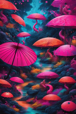 (masterpiece,best quality, ultra realistic,32k,RAW photo,detailed skin, 8k uhd, high quality:1.2), psychedelic style photo of kitsune, very detailed, neon, pink, japan, forest, rain, umbrella, ultra, fashion . vibrant colors, swirling patterns, abstract forms, surreal, trippy