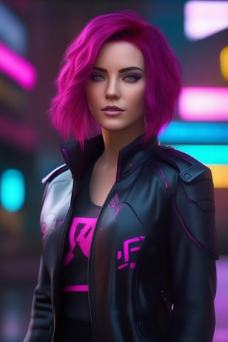 Pretty female android with colored magenta eyes, magenta hair, wearing a black jacket, cyberpunk, outdoor, street, hyperrealism, photorealistic, 8k, unreal engine, 3d render