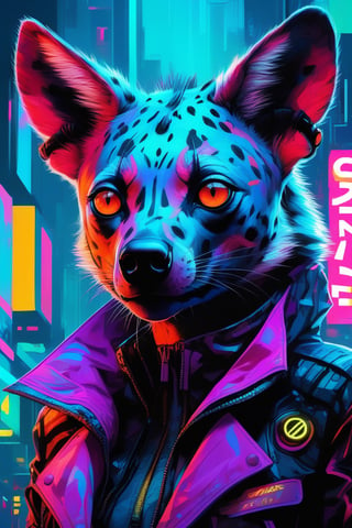 (masterpiece,best quality, ultra realistic,32k,RAW photo,detailed skin, 8k uhd, high quality:1.2), abstract expressionist painting digital artwork of anthromorphic hyena female, fursona, furry fandom, neon rainy cyberpunk setting, anthro, wearing cyberpunk 2 0 7 7 jacket, detailed face, . energetic brushwork, bold colors, abstract forms, expressive, emotional