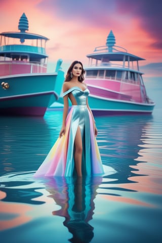 commercial photo of a stunning woman standing in water near a boat, in the style of colorful futurism, stylish costume design, daz3d, sleek metallic finish, robotic motifs, rococo pastel, vivid color blocks 