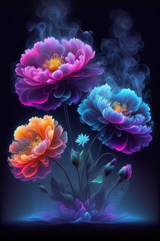 water, flower, smoke, no humans, black background, gradient background,