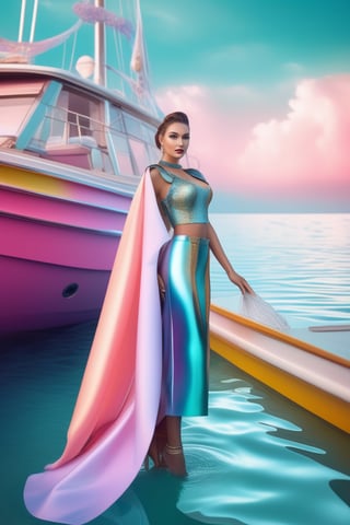 commercial photo of a stunning woman standing in water near a boat, in the style of colorful futurism, stylish costume design, daz3d, sleek metallic finish, robotic motifs, rococo pastel, vivid color blocks 