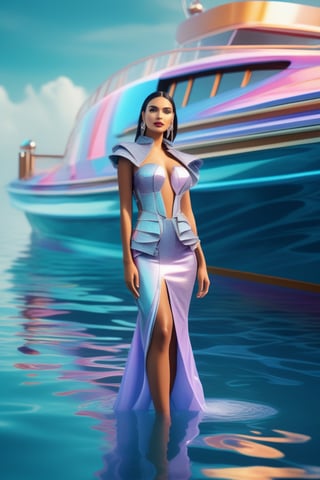 commercial photo of a stunning woman standing in water near a boat, in the style of colorful futurism, stylish costume design, daz3d, sleek metallic finish, robotic motifs, rococo pastel, vivid color blocks 