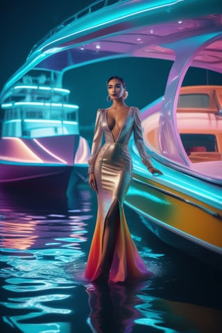 commercial photo of a stunning woman standing in water near a boat, in the style of colorful futurism, stylish costume design, daz3d, sleek metallic finish, robotic motifs, rococo pastel, vivid color blocks 