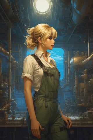 (masterpiece,best quality, ultra realistic, RAW photo),concept art, digital artwork, illustrative, painterly, matte painting, highly detailed, pixel-art Blonde female airship mechanic wearing a tank top and overalls fixing pipes below deck, steampunk, defined facial features, highly detailed, illustration, Makoto Shinkai and Studio Ghibli animated film still, by Ilya Kuvshinov and Alphonse Mucha . low-res, blocky, pixel art style, 8-bit graphics