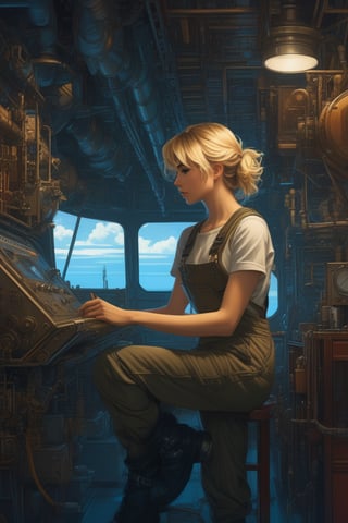 (masterpiece,best quality, ultra realistic, RAW photo),concept art, digital artwork, illustrative, painterly, matte painting, highly detailed, pixel-art Blonde female airship mechanic wearing a tank top and overalls fixing pipes below deck, steampunk, defined facial features, highly detailed, illustration, Makoto Shinkai and Studio Ghibli animated film still, by Ilya Kuvshinov and Alphonse Mucha . low-res, blocky, pixel art style, 8-bit graphics