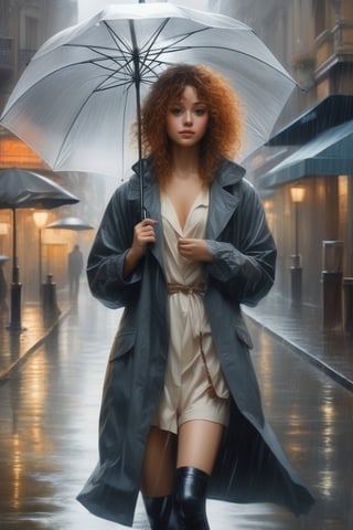 (masterpiece,best quality, ultra realistic, RAW photo), hyperrealistic art anime girl in copron tights, in full growth, beautiful appearance, curly hair, holding an umbrella and it's raining, beautiful figure . extremely high-resolution details, photographic, realism pushed to extreme, fine texture, incredibly lifelike