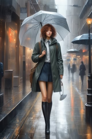 (masterpiece,best quality, ultra realistic, RAW photo), hyperrealistic art anime girl in copron tights, in full growth, beautiful appearance, curly hair, holding an umbrella and it's raining, beautiful figure . extremely high-resolution details, photographic, realism pushed to extreme, fine texture, incredibly lifelike