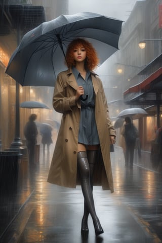 (masterpiece,best quality, ultra realistic, RAW photo), hyperrealistic art anime girl in copron tights, in full growth, beautiful appearance, curly hair, holding an umbrella and it's raining, beautiful figure . extremely high-resolution details, photographic, realism pushed to extreme, fine texture, incredibly lifelike