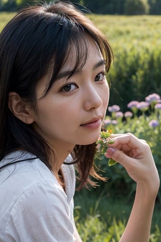 A close up portrait of a beautiful woman picking flowers in a meadow by Ken Sugimori, summer, dawn