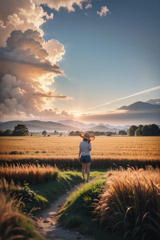 Wheat field, a farmer uncle with a straw hat standing in a wheat field, big clouds, blue sky, rice field, neat rice seedlings in the field, forest, hillside, secluded, rural, HD detail, hyper-detail, cinematic, surrealism, soft light, deep field focus bokeh, ray tracing and surrealism