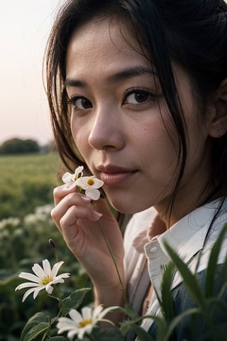 A close up portrait of a beautiful woman picking flowers in a meadow by Ken Sugimori, summer, dawn