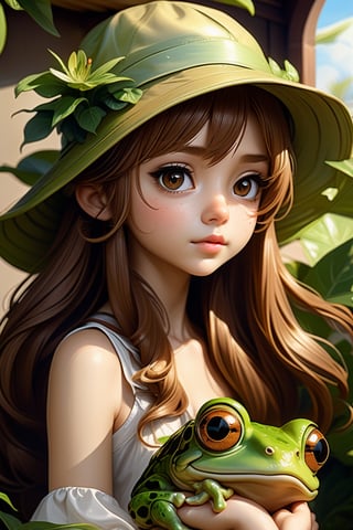 (masterpiece,best quality, ultra realistic,32k,RAW photo,detailed skin, 8k uhd, high quality:1.2), Renaissance style portrait of cute anime girl with long brown hair with a frog bucket hat, digital art . realistic, perspective, light and shadow, religious or mythological themes, highly detailed