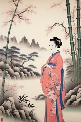 shuimobysim portrait of a naive lady standing in bamboo forest, (masterpiece, best quality:1.2), traditional china painting, modelshoot style, peaceful, (smile), looking at viewer, wearing long (qipao, cheongsam) plum flowers on plum trees, mountains in faraway background, wuchangshuo, zhangdaqian