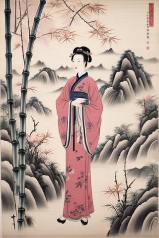 shuimobysim portrait of a naive lady standing in bamboo forest, (masterpiece, best quality:1.2), traditional china painting, modelshoot style, peaceful, (smile), looking at viewer, wearing long (qipao, cheongsam) plum flowers on plum trees, mountains in faraway background, wuchangshuo, zhangdaqian