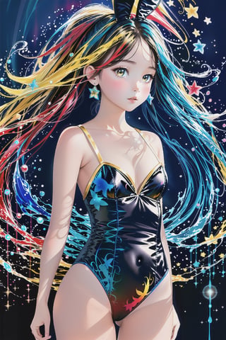 Ariel's elegant silhouette emerges from a kaleidoscope of vibrant colors: red, blue, and yellow. Her slender physique is clad in a black Playboy bunny costume, showcasing her back as she stands amidst the swirling ink splashes. The digital painting radiates with a soft glow, as if illuminated by Lunaris' gentle light.