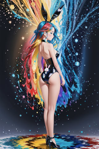 Ariel's elegant silhouette emerges from a kaleidoscope of vibrant colors: red, blue, and yellow. Her slender physique is clad in a black Playboy bunny costume, showcasing her back as she stands amidst the swirling ink splashes. The digital painting radiates with a soft glow, as if illuminated by Lunaris' gentle light.