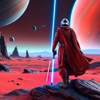 Masterpiece,action scene,1 Jedi (a Jedi in a beautiful sci-fi landscape, big saturn on sky),beautiful appearance,brandishing a lightsaber,lightsaber in hand,light saber,sci-fi,sci_fi,futuristic,jedi clothes,beautiful sci-fi landscape,planets in the sky,saturn in the sky,landscape,sci-fi landscape,full_body,full body, full-body,hyper realistic, super high definition, high detailed hands,high_resolution,high quality, red_filter,red colorized,(vibrant,photo realistic,realistic,dramatic, dark,sharp focus,8k), (weathered greasy dirty damaged old worn technician worker outfit:1.1), (intricate:1.1), (highly detailed:1.1), digital painting, octane render, (loish:0.23), (global illumination, studio light, volumetric light),high_res,high_resolution,highres,Rashmikasdxl,STOKYO,cyborg style