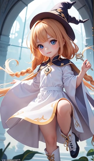 (10year old girl:1.5)), complete anatomy, children's body, child, super cute, girl, little girl, random poses,random angles, A composition that captures the whole body, magic wand, zero sauce art, loli, detailed fan art, witch girl, splash art anime loli, bright witch, official artwork, witch hatcommission, Cheerful,official fan art, cute art style, best quality, extreme light and shadow, loli, bright colors, high contrast, strong visual impact,night,((long braid hairstyle)), white boots, brown robe, white skirt, night view,bouncing hair,Put magic power into the magic wand, beautiful girl, 1 girl, loli, petite girl, top quality, masterpiece, high eyes,drooping eyes,(realism: 1.2)), petite, bangs, tall eyes, natural light,(Blue eyes),bangs, beautiful girl with fine details, Beautiful and delicate eyes, Beautiful girl, detailed face, Beautiful eyes, beautiful shining body, 8K images,