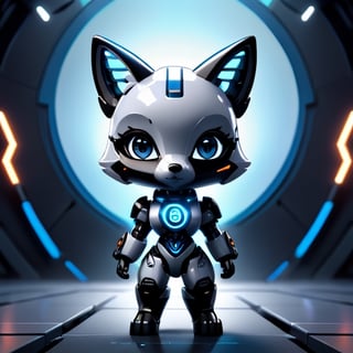 centered, solo, digital art,Fox, chibi, black and blue sky futuristic, neon lights, floating, (gray background:1.2), simple background,(symetrical), Animal, google glass,dark background, spotlight ,retrowavetech,full body,((Anthropomorphism:1.5))(masterpiece), (science fiction:1.4), high_res, 4k, ai robot maskot, (base colour white) , tensor art logo on her chest, tech lab background, intricate mech details, ground level shot, rendered in Blender, sci-fi, futuristic, trending on Artstation, epic, cinematic background, dramatic, atmospheric,full_body portrait, movie still, action_pose, cyborg style, chibi, 
