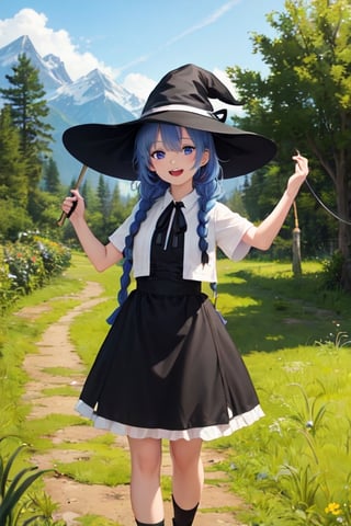 best quality, (masterpiece:1.2), detailed,1girl, solo, open mouth, light smile,twin braids, long hair, blue hair, blue eyes,white dress, neck ribbon, black ribbon, black skirt, witch hat, black hat,standing, looking at the viewer,outdoors, grass, tree, mountain