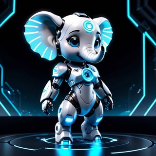 centered, solo, digital art,elephant, chibi, black and blue sky futuristic, neon lights, floating, (gray background:1.2), simple background,(symetrical), Animal, google glass,dark background, spotlight ,retrowavetech,full body,((Anthropomorphism:1.5))(masterpiece), (science fiction:1.4), high_res, 4k, ai robot maskot, (base colour white) , tensor art logo on her chest, tech lab background, intricate mech details, ground level shot, rendered in Blender, sci-fi, futuristic, trending on Artstation, epic, cinematic background, dramatic, atmospheric,full_body portrait, movie still, action_pose, cyborg style, chibi, 