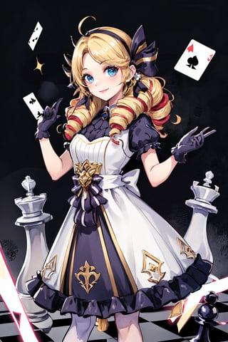 high quality, masterpiece,Portrait, front view,girl, solo, look viewer,standing, smiling, black gloves, blonde hair, twin drills, dress, (Aces cards:1), (Chess pieces), background,alicewonderladwaifu,AliceWonderlandWaifu,dres
