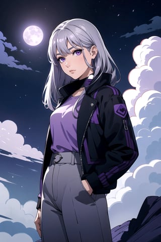 a yong woman standing on top of a mountain, hair back, (purple eyes), (purple shirt:1.1), (medium breats), black jacket, silver pants, hands in pockets, looking at viewer, front at viewer, (silver hair:1.2), (big moon:1), sky, night, clouds, scenary