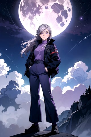 a yong woman standing on top of a mountain, hair back, (purple eyes), (purple shirt:1.1), (medium breats), black jacket, silver pants, hands in pockets, looking at viewer, front at viewer, (silver hair:1.2), (big moon:1), sky, night, clouds, scenary