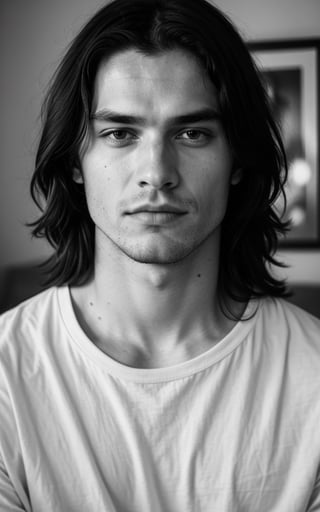 1 male, ((20 year old)), fashion magazine photoshoot ,handsome top model, black long hair ,man wearing top, posing, upclose portrait, bored face expression, elegant, detailed, deep photo, raw photo, color photo ,film grain, grainy photo, professional photo, artistic, style of Tyler Shields, living room in background, Male,Masterpiece