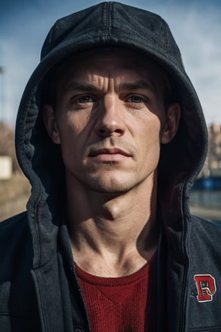 Very realistic Luck Skywalker with a chicago bulls jacket, high resolution, 8k, very detailed face an eyes, photography,Germany Male, full_body