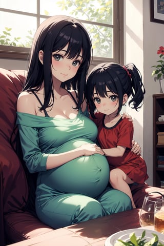 masterpiece, best quality, 2girl, pregnant woman with her daughter, sitting inside house, soft smile