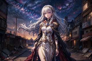 1girl, masterpiece,  best quality, long hair, white hair, purple eyes, abandoned modern city,  center, fantasy colorful, starry sky, night sky, glowing effect, facing viewer,  cloak, female_solo, solo_focus, dress, 
