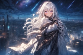 1girl, masterpiece,  best quality, long hair, white hair, purple eyes, abandoned modern city,  center, fantasy colorful, starry sky, night sky, glowing effect, facing viewer,  cloak, female_solo, solo_focus, dress, 
