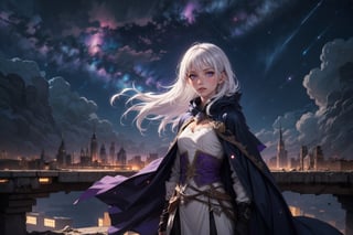 1girl, masterpiece,  best quality, long hair, white hair, purple eyes, abandoned modern city,  center, fantasy colorful, starry sky, night sky, glowing effect, facing viewer,  cloak, female_solo, solo_focus, dress, 
