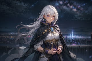 1girl, masterpiece,  best quality, long hair, white hair, purple eyes, abandoned modern city,  center, fantasy colorful, starry sky, night sky, glowing effect, facing viewer,  cloak, female_solo, solo_focus, dress, 
