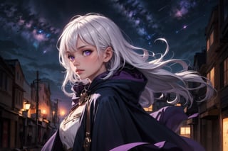 1girl, masterpiece,  best quality, long hair, white hair, purple eyes, abandoned modern city,  center, fantasy colorful, starry sky, night sky, glowing effect, facing viewer,  cloak, female_solo, solo_focus, dress, 
