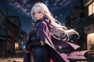 1girl, masterpiece,  best quality, long hair, white hair, purple eyes, abandoned modern city,  center, fantasy colorful, starry sky, night sky, glowing effect, facing viewer,  cloak, female_solo, solo_focus, dress, 
