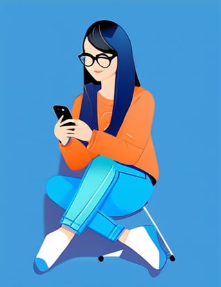 illustration, flat design, 1girl, solo, black hair, phone, holding, pants, long hair, holding phone, sitting, glasses, flat color, circle, closed eyes, blue pants, smile, long sleeves, limited palette
