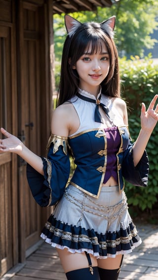 masterpiece, best quality, highres, karylaa, low twintails, green eyes, fang, cat tail, sleeveless shirt, bare shoulders, blue sleeves, jewelry, purple skirt, black thighhighs, cowboy shot, standing, smile, outdoors, arms at sides, straight-on, outdoors, waving,