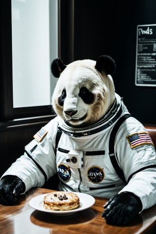 (Panda astronaut sitting in a bistro:1),Panda's head,spacesuit,dim light,